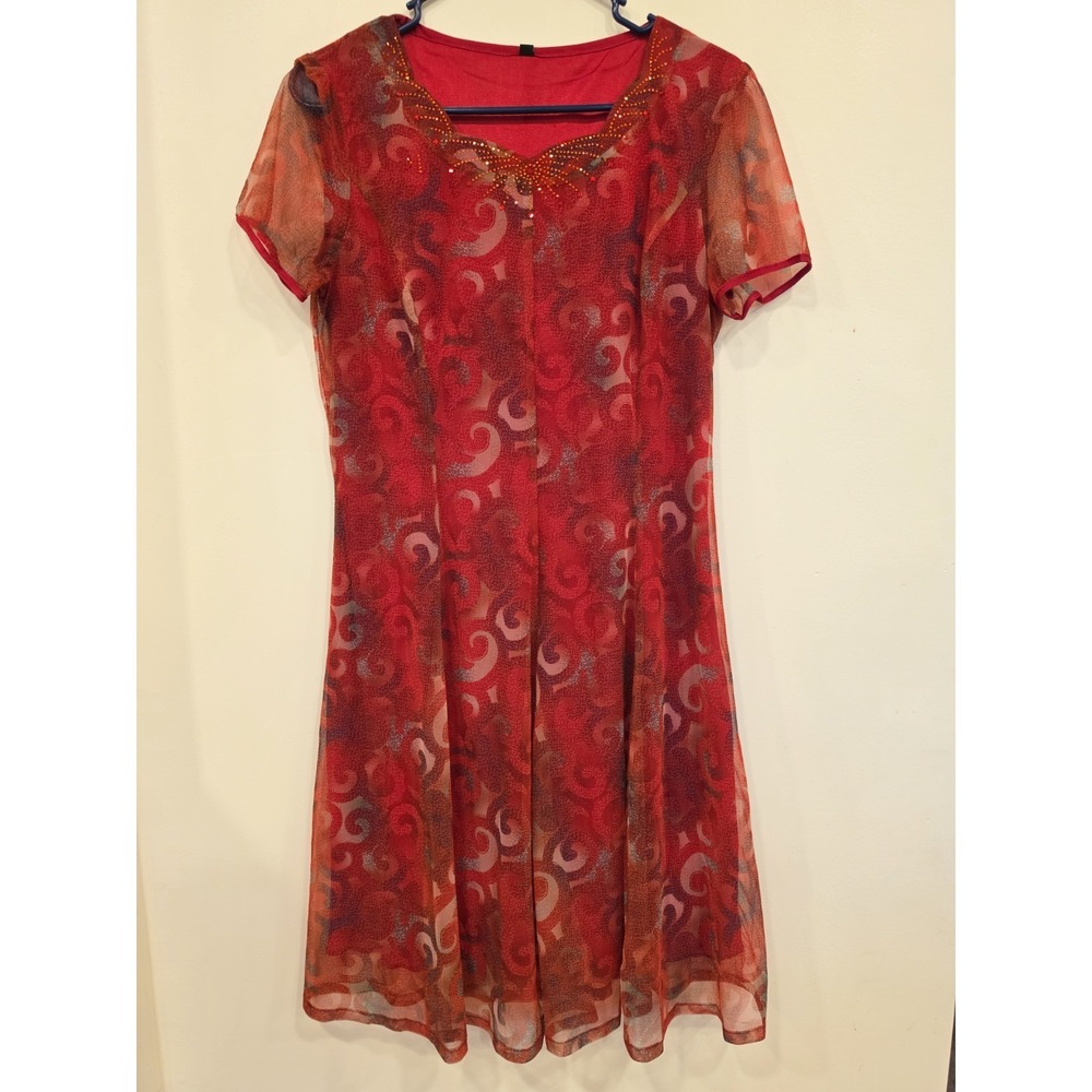 Red Mesh Overlay Midi Dress Beaded Neckline Women's SM Fairycore Whimsigoth Boho